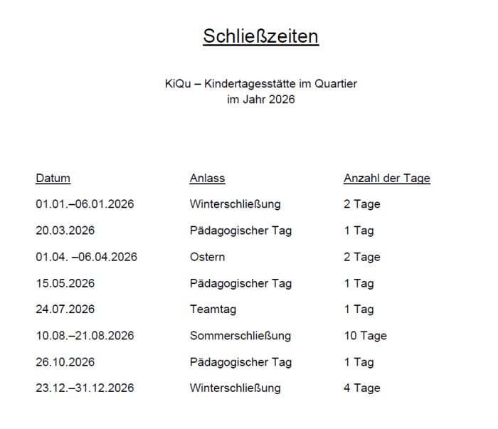 Schließzeiten KiQu 2026